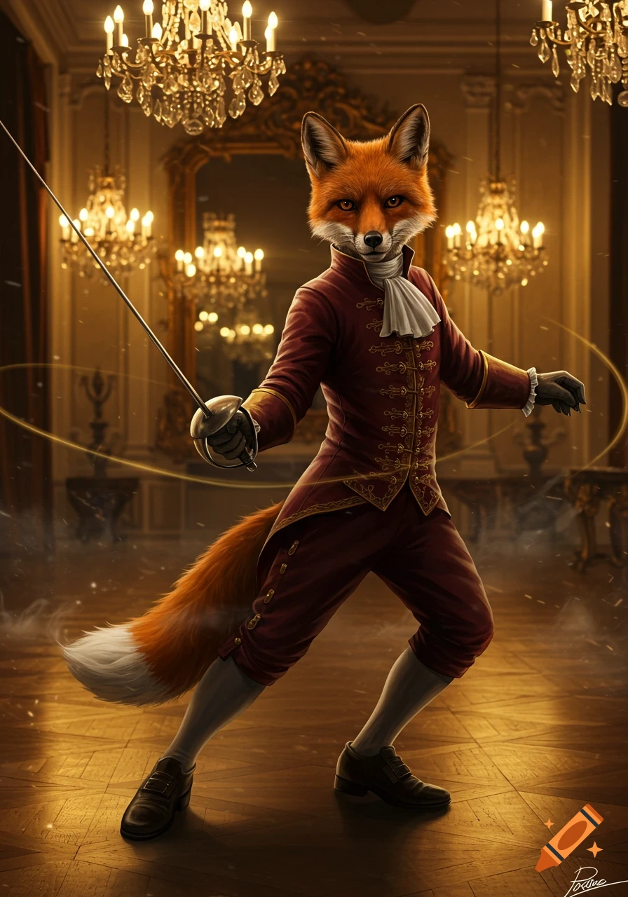 A anthropomorphic fox in a red historical fencing costume stands ready with a sword in a lavish hall with chandeliers.