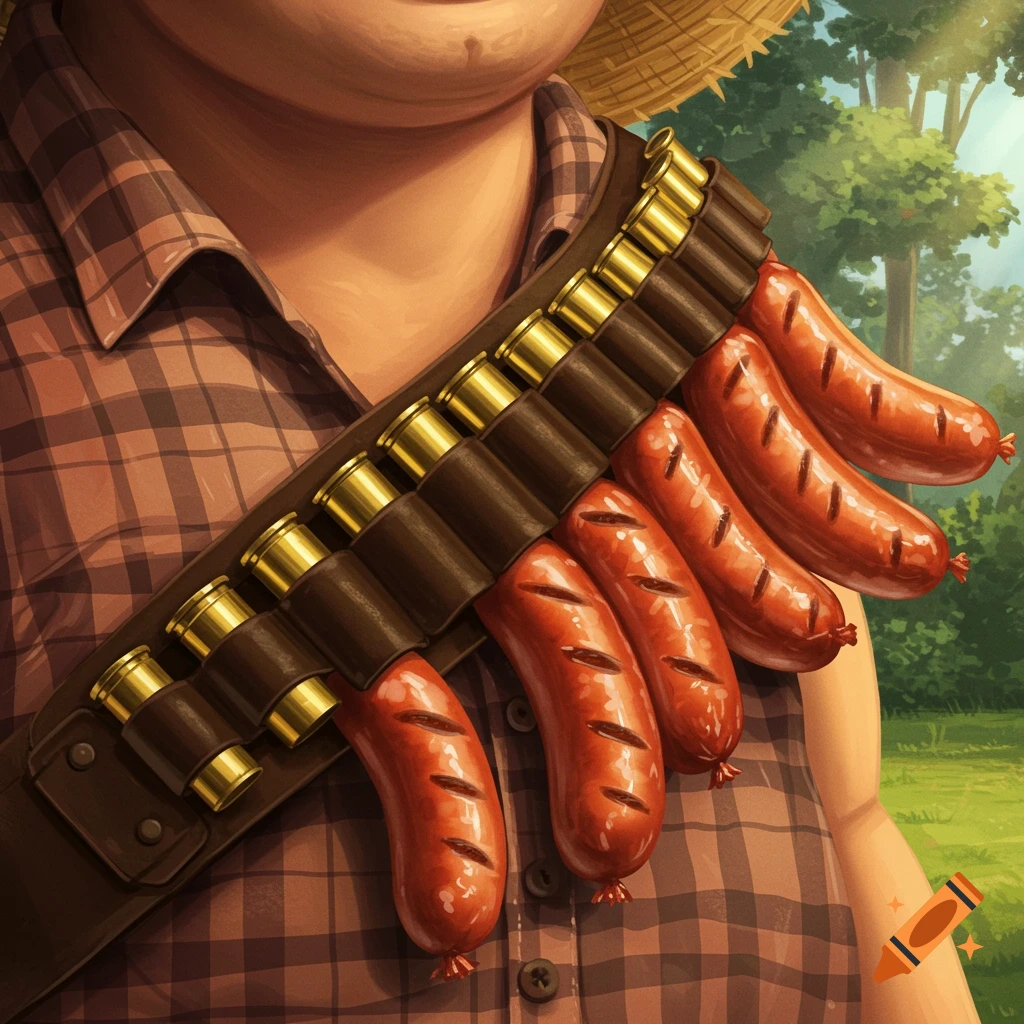Close-up of a person in a plaid shirt and straw hat, wearing a bandolier with sausages instead of bullets, in a sunny outdoor setting.