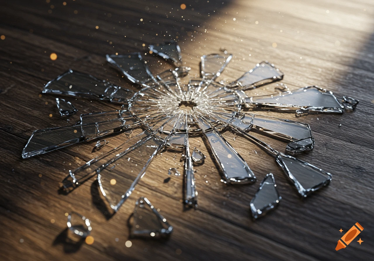 Shattered glass shards spreading out on a dark wooden surface, illuminated by light with sparkling particles.