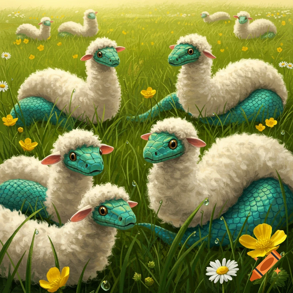 Creatures with fluffy white sheep bodies and green snake heads with scaly blue tails in a grassy field with yellow and white flowers, digital art.
