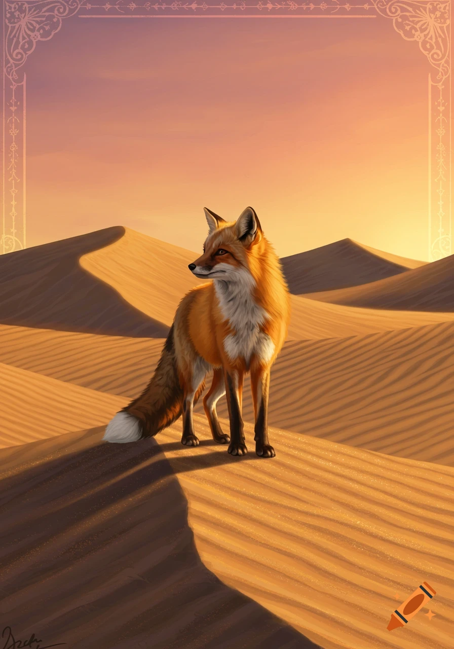 A vibrant orange fox stands on a sand dune in a desert at sunset, with a decorative border.
