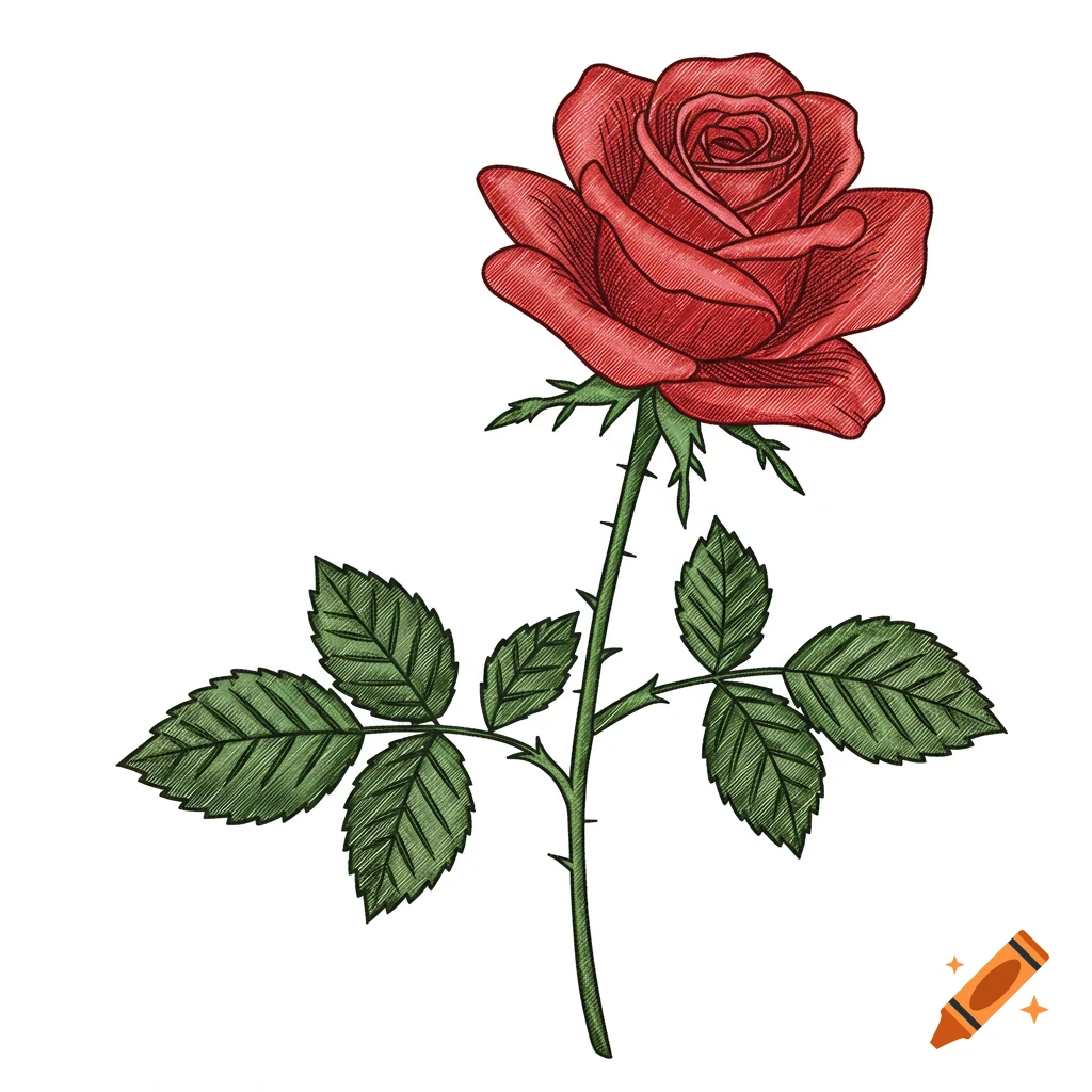 A red rose with green leaves and a thorny stem on a white background, in a clean line art illustration style.