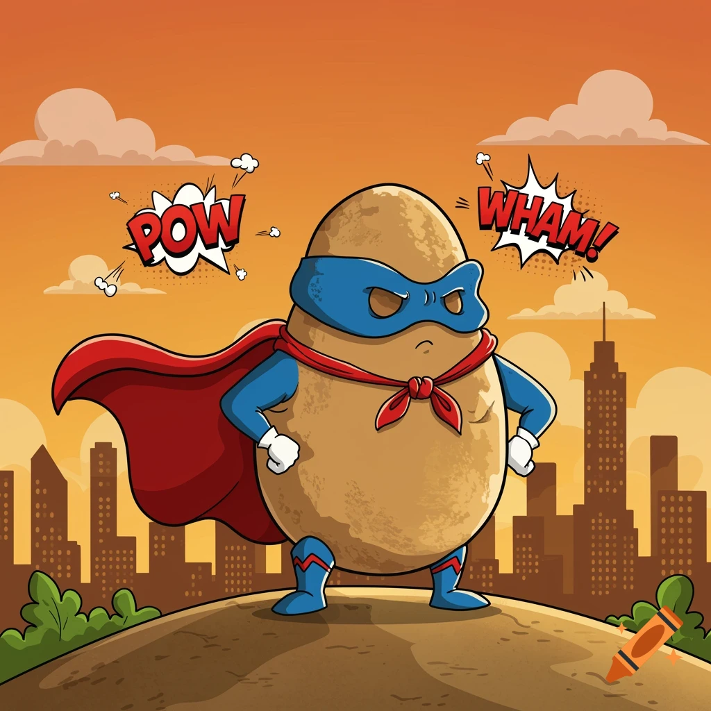 Cartoon superhero potato with a blue mask and red cape stands before a city skyline at sunset, with comic book text 'POW' and 'WHAM!'.