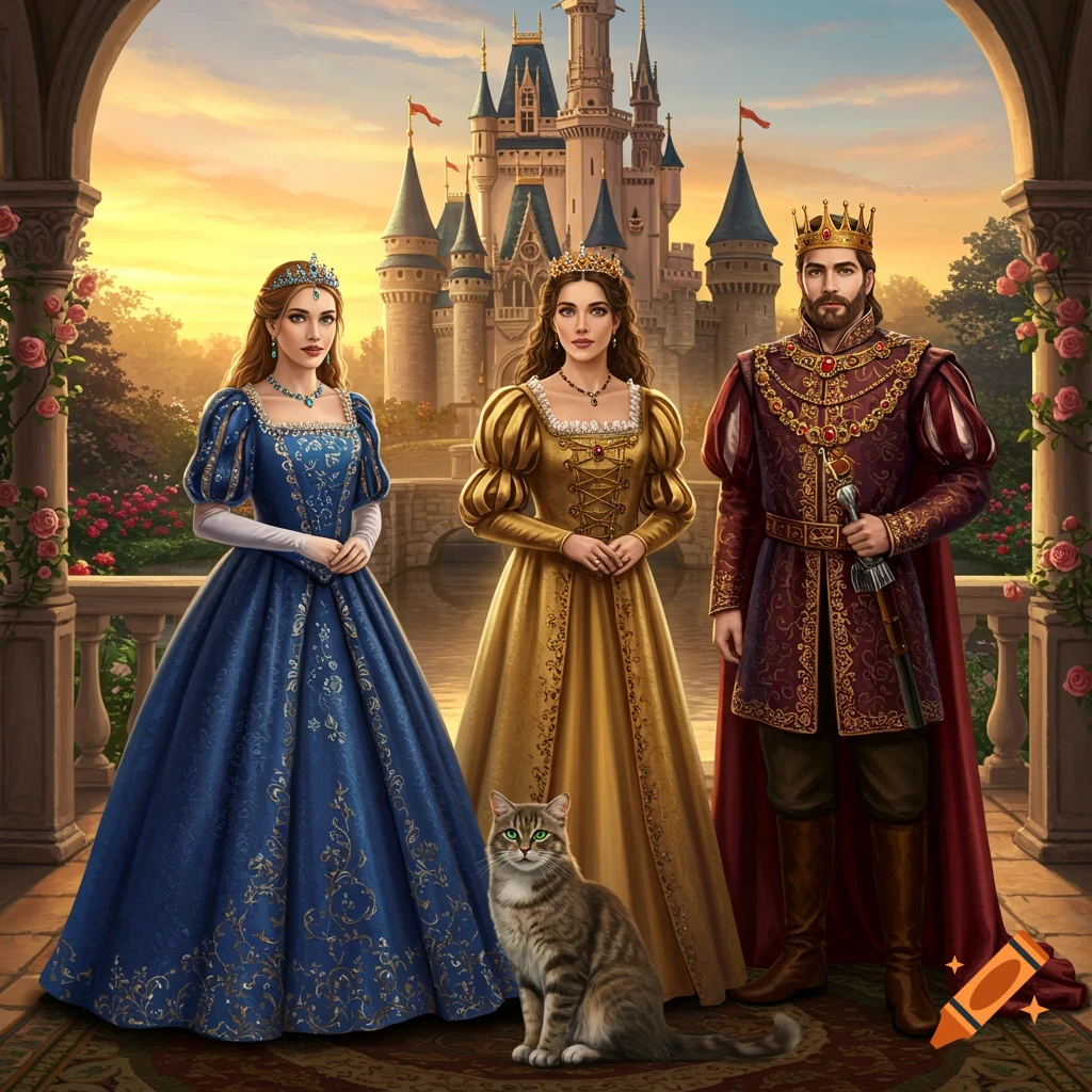 A princess, queen, king, and a cat stand before a grand castle at sunset, in a highly detailed, photorealistic style.