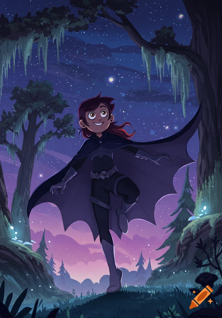 Luz Noceda as Batgirl stands smiling in a vibrant, star-filled night forest with glowing plants, in The Owl House art style.