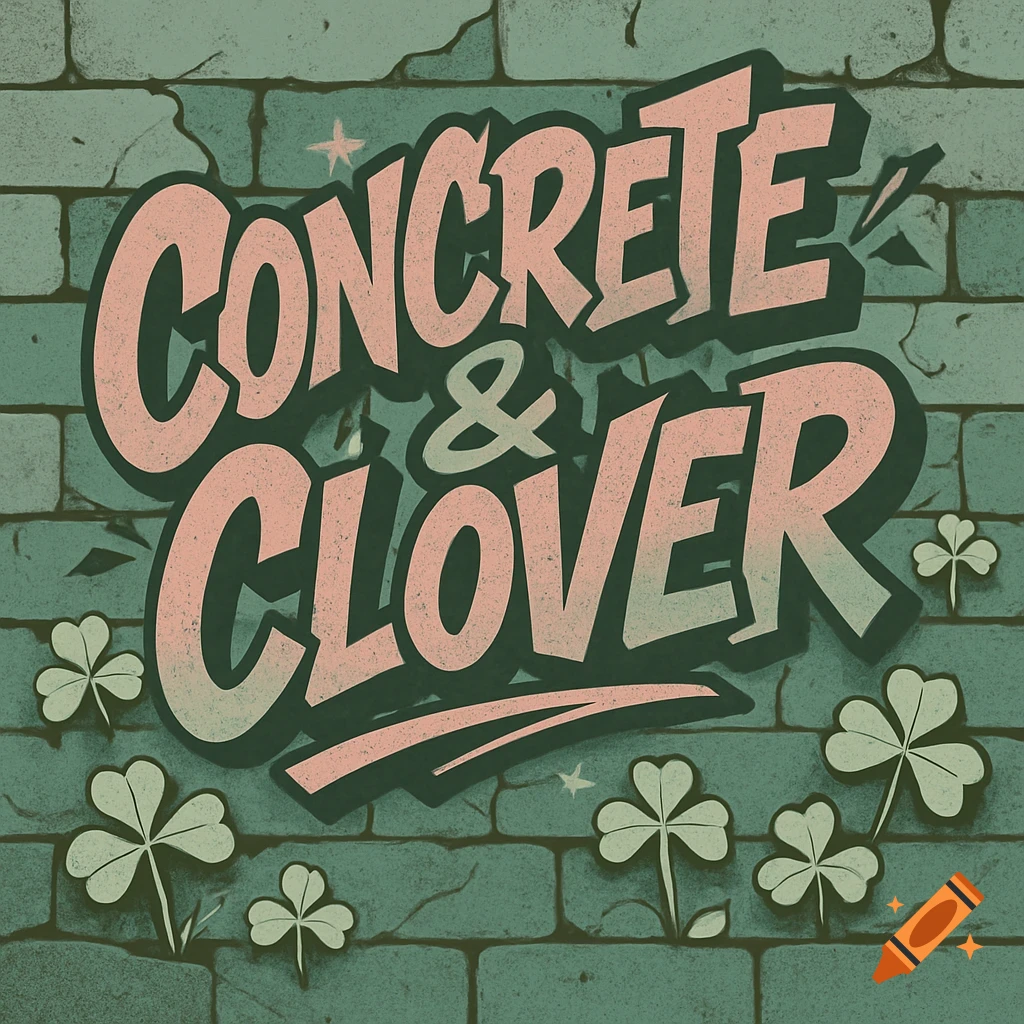Bold pink and green graffiti text 'Concrete & Clover' on a cracked green brick wall with clovers, in a gritty streetwear style.