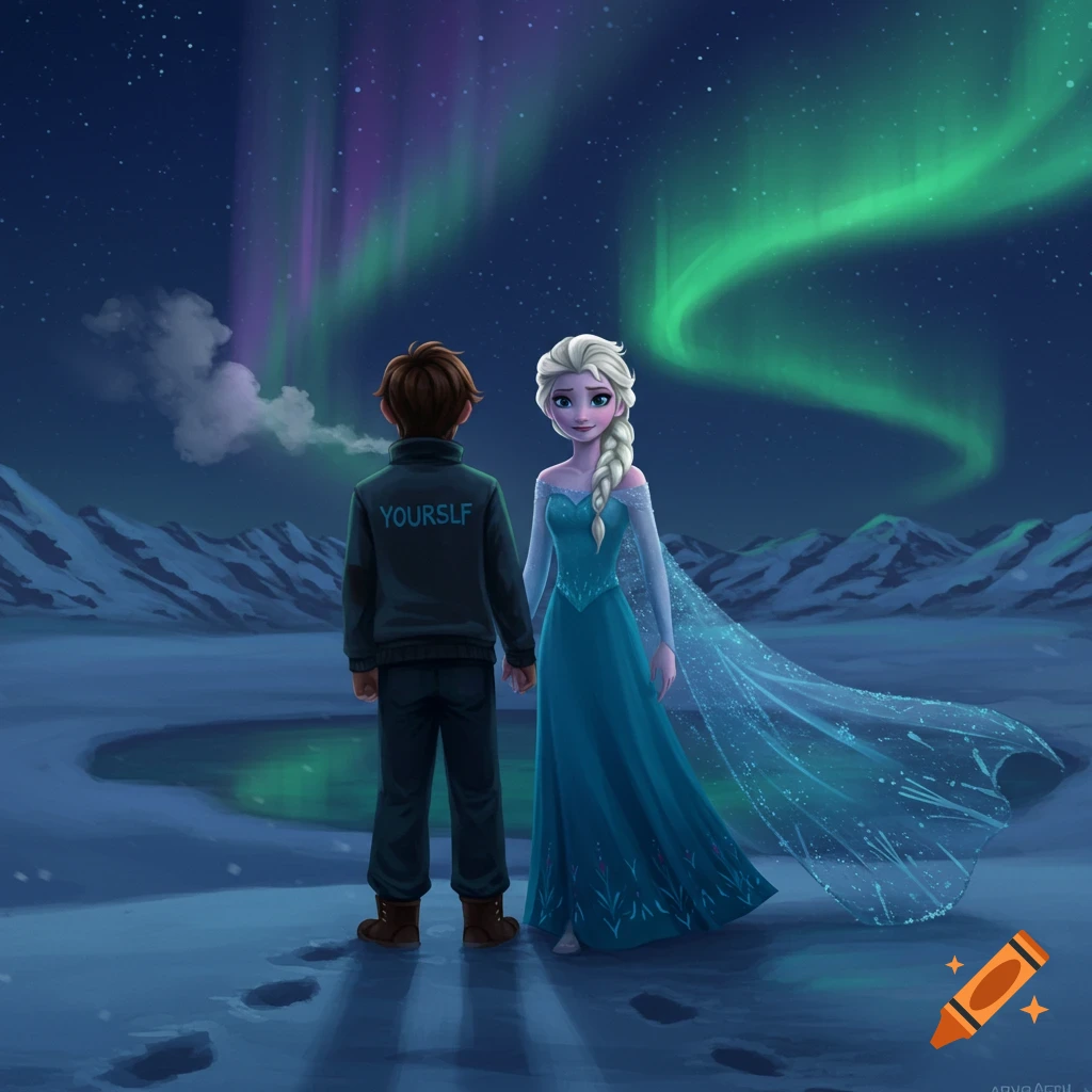 Elsa and a boy standing in a snowy, icy landscape under a vibrant green and purple aurora borealis.