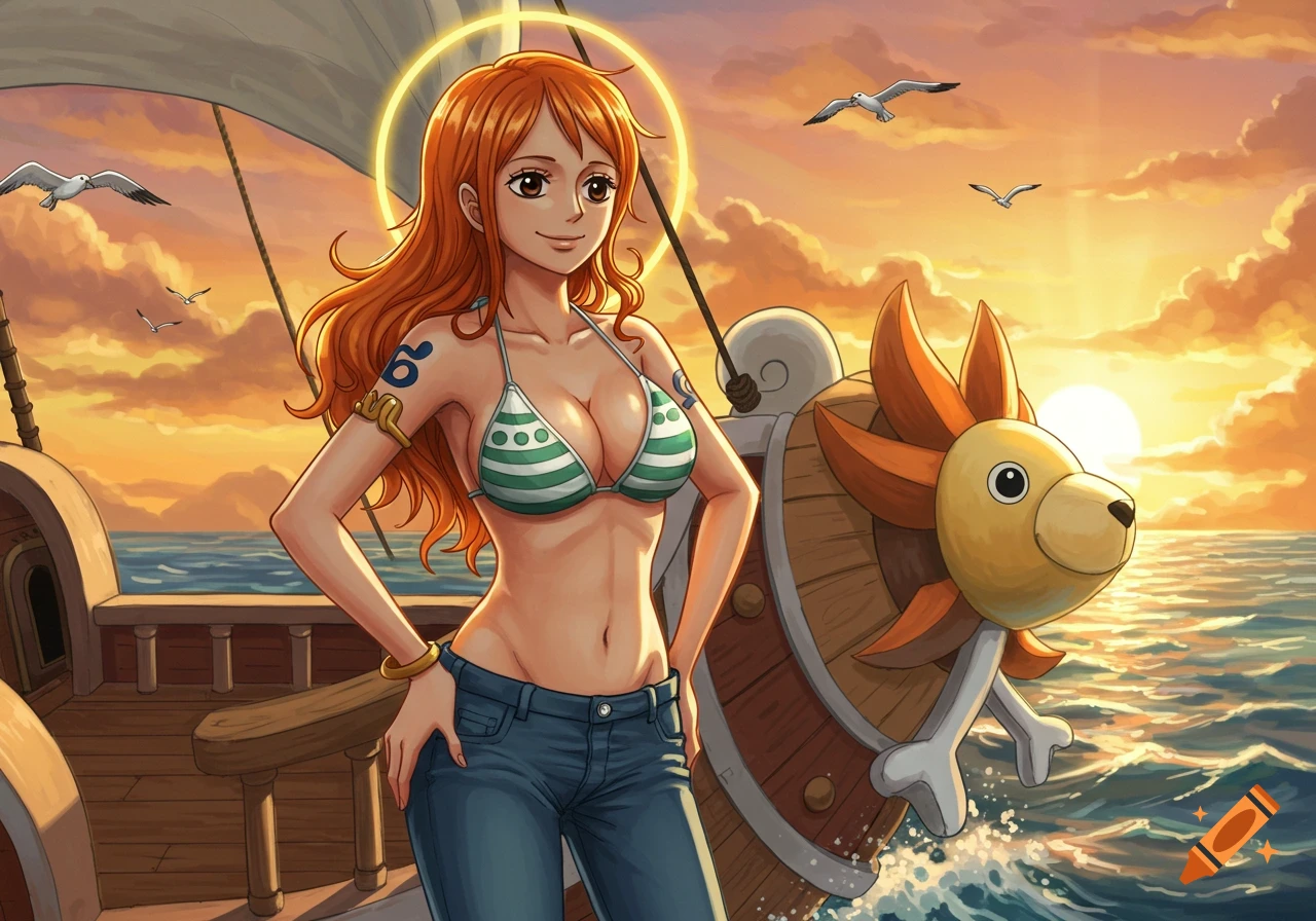 Anime character Nami from One Piece stands on the Thousand Sunny's deck at sunset, wearing a green striped bikini top and jeans.