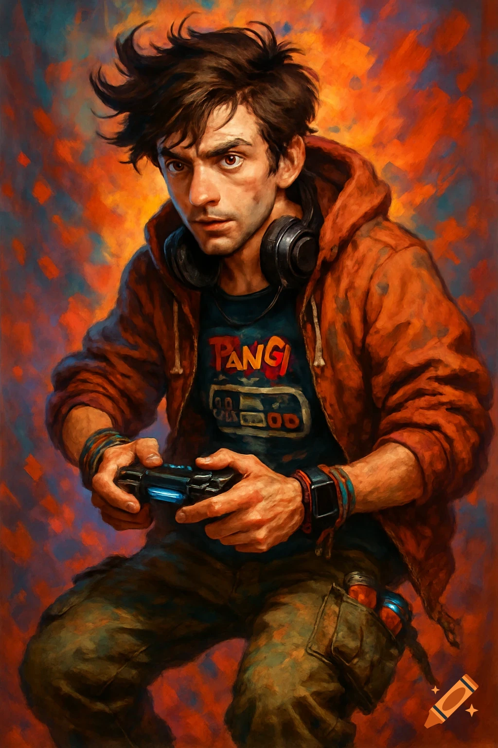 A young man with messy hair and headphones holds a glowing video game controller, wearing an orange hoodie and a graphic tee, in a vibrant digital painting.