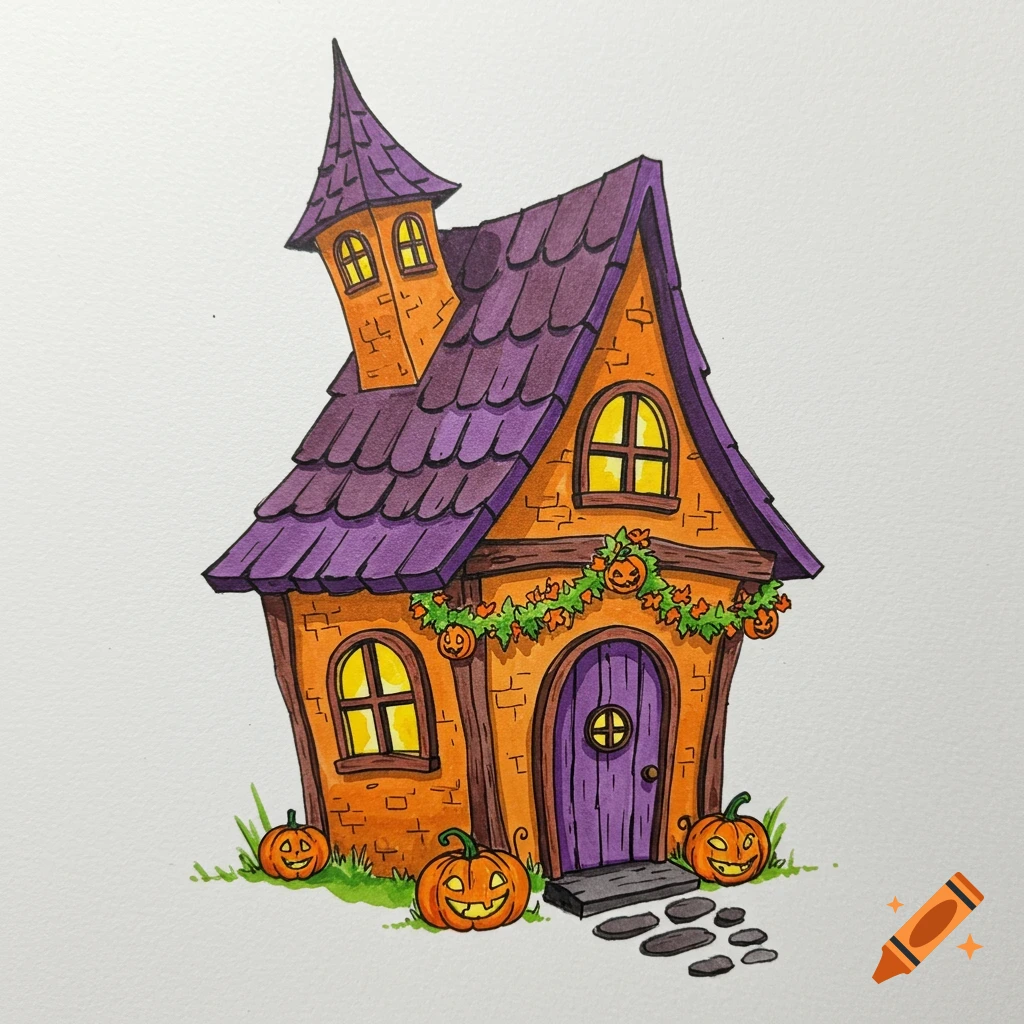 A whimsical orange and purple Halloween hut with pumpkins and a leafy garland, digitally painted on a white background.