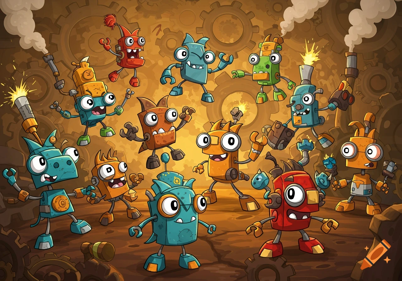 A group of colorful, cartoonish robot-like creatures with big eyes stand in a steampunk-inspired world filled with gears.