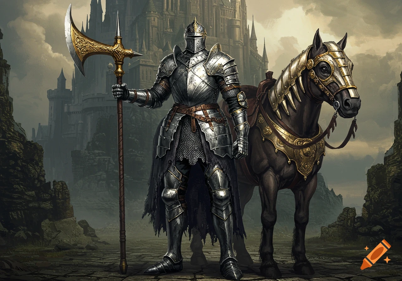 A knight in silver armor holding a halberd stands next to a horse with golden tack in front of a dark castle.