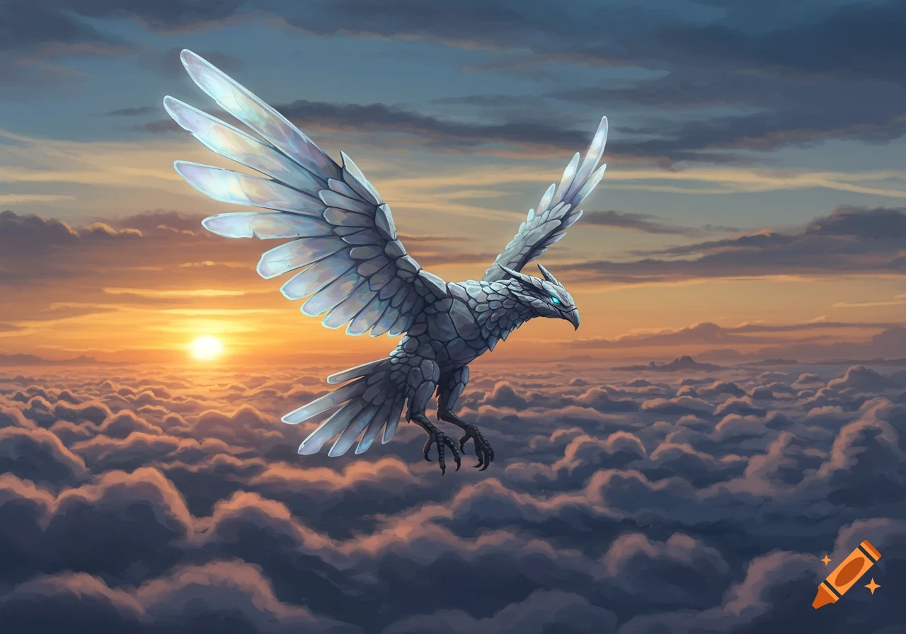 A majestic white bird with crystalline wings flies above a sea of clouds at sunset.