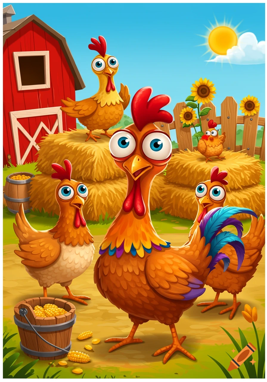 A vibrant cartoon of several chickens on a farm, with hay bales, a red barn, and sunflowers under a sunny blue sky.