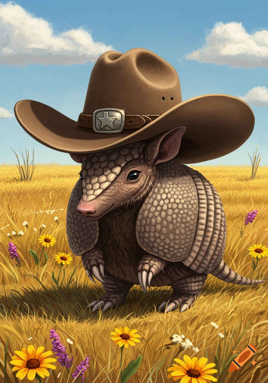 A cute armadillo in a brown cowboy hat with a star buckle stands in a sunny field of yellow grass and wildflowers.