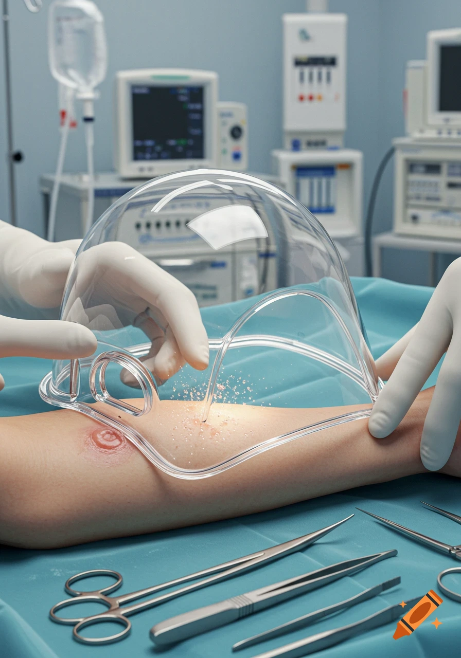 Close-up of a patient's arm on a surgical table during an abscess drainage procedure with a transparent dome device and gloved hands. Photorealistic style.