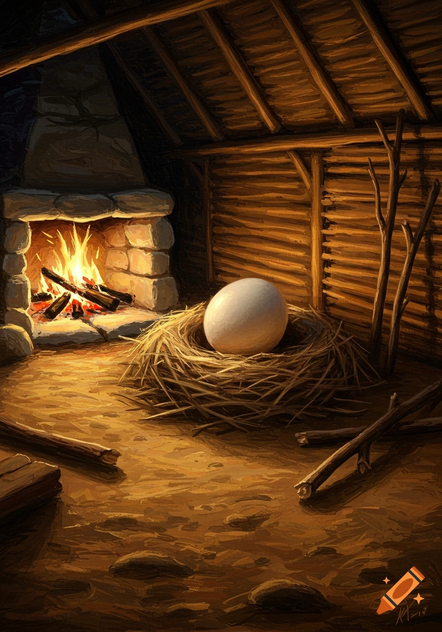 An impressionist painting shows a giant white egg nestled in a hay nest beside a warm, crackling stone fireplace inside a rustic wooden hut.