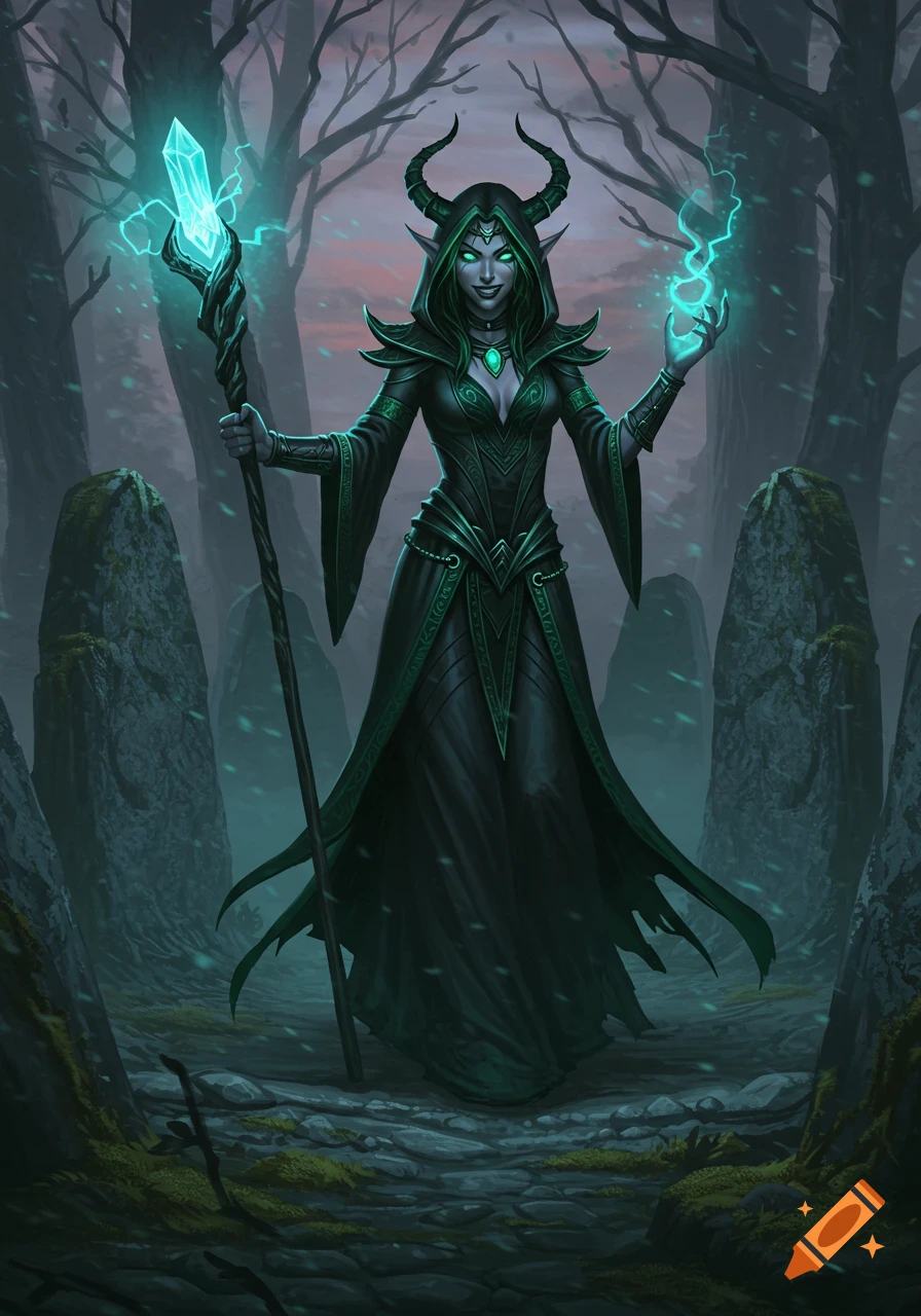 A powerful female sorceress with horns, glowing green eyes, and dark robes stands in a mystical forest, holding a glowing staff.