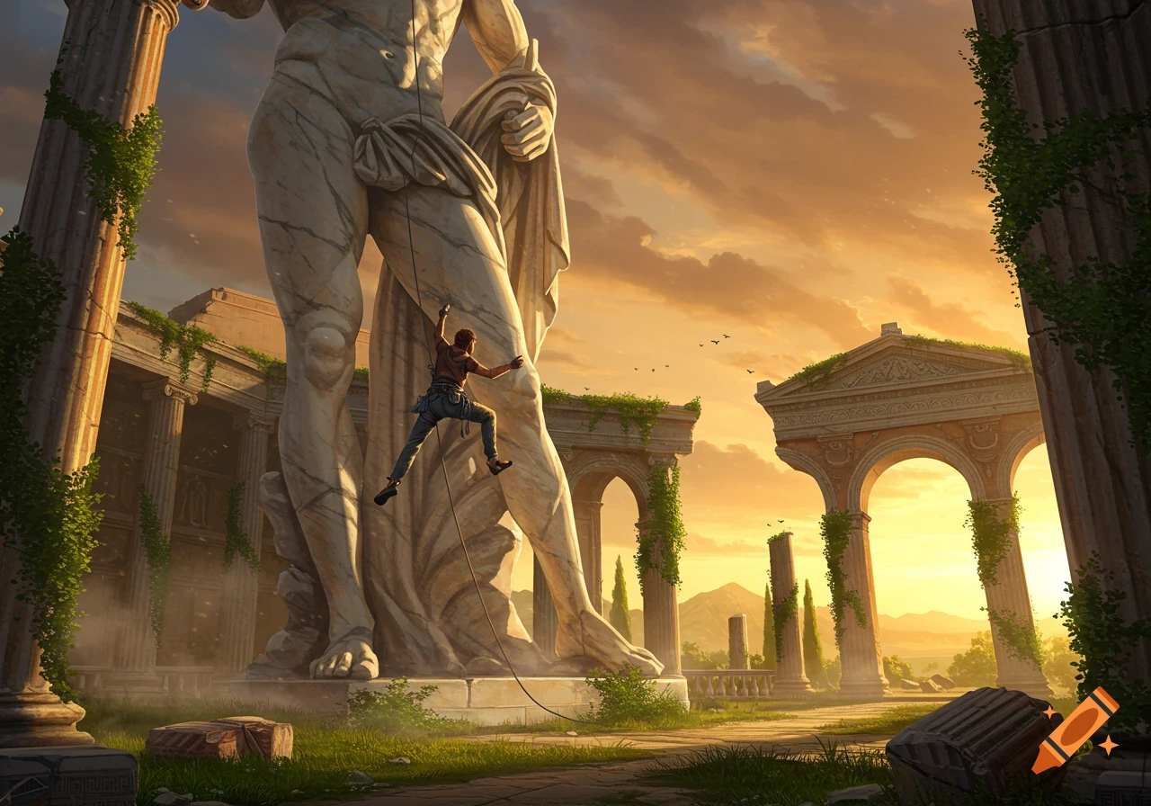 A person scales a colossal ancient statue in crumbling ruins under a dramatic sunset sky.