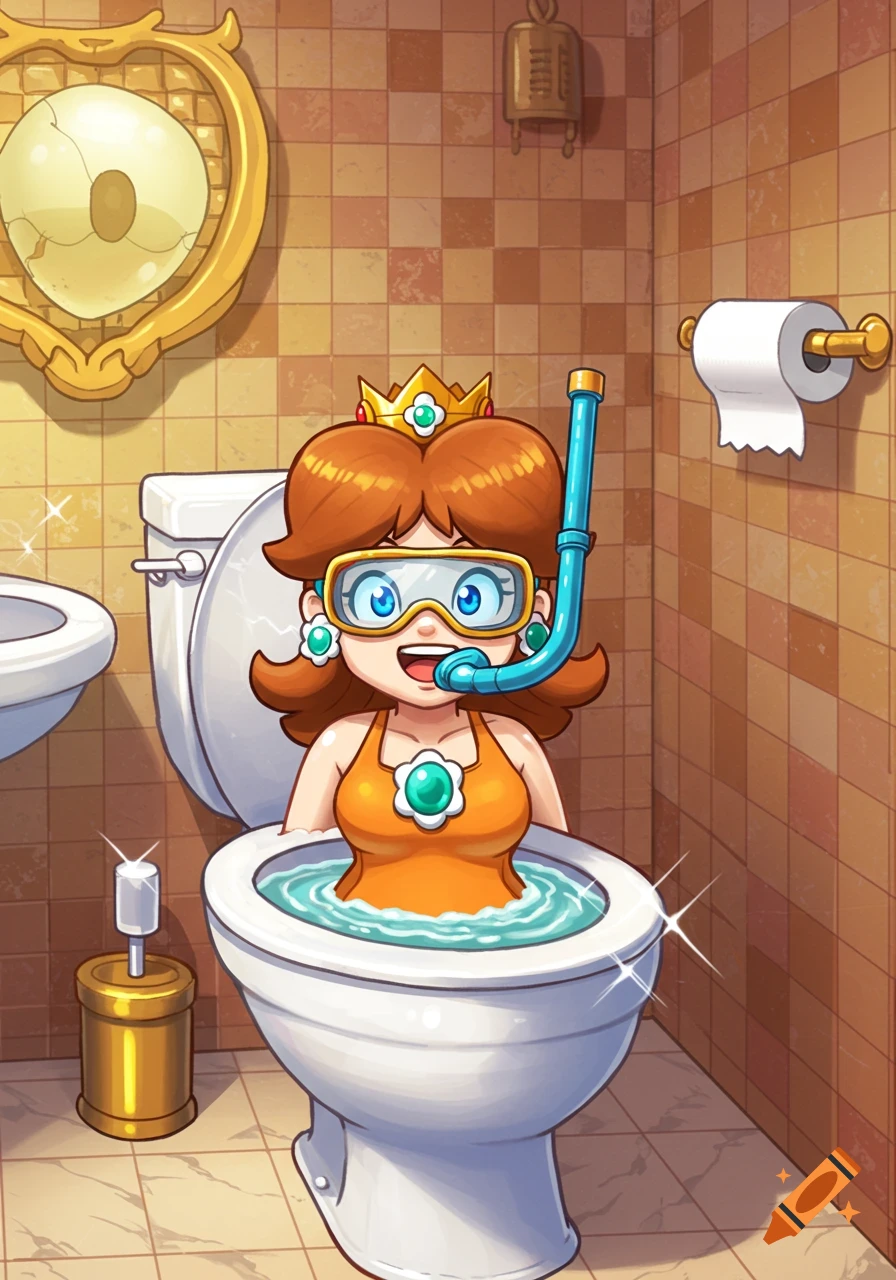 Princess Daisy in a swimsuit and snorkel, submerged in a sparkling toilet in a royal bathroom, 2D digital art.