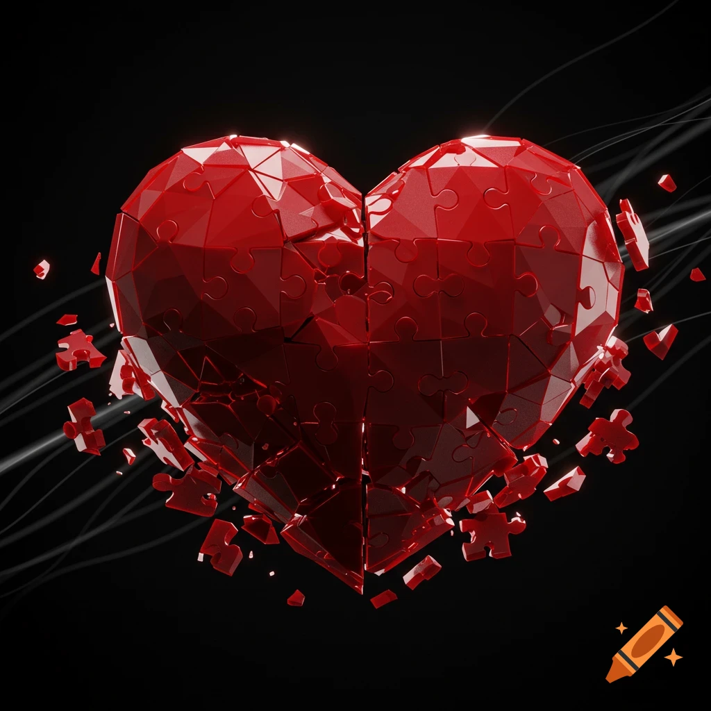A vibrant red heart, composed of interlocking puzzle pieces, shatters into fragments against a dark background with subtle lines.