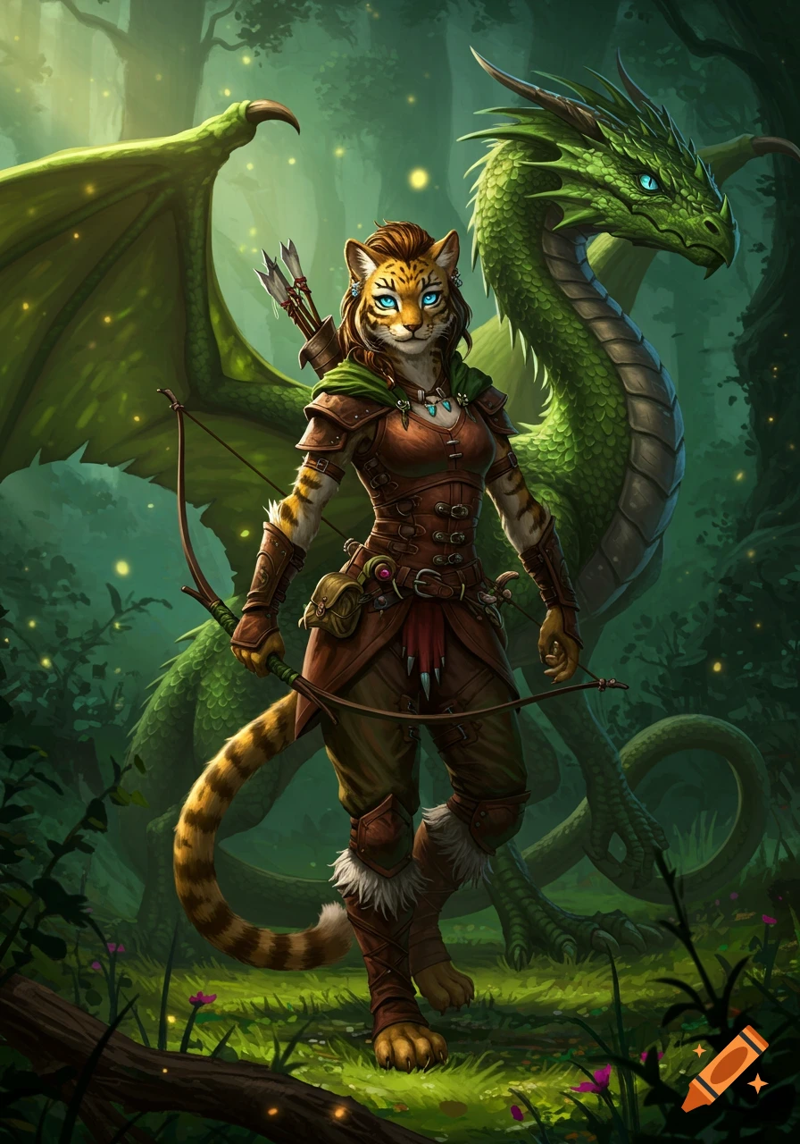 A female tabaxi ranger with blue eyes stands in a magical forest, holding a bow, next to a large green dragon.