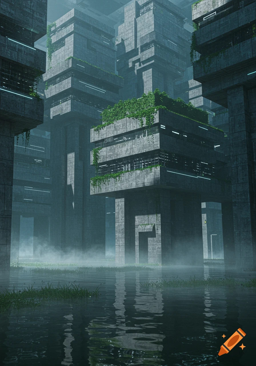 A dark, misty, futuristic brutalist swamp city with towering concrete buildings covered in green vines, reflected in murky water.