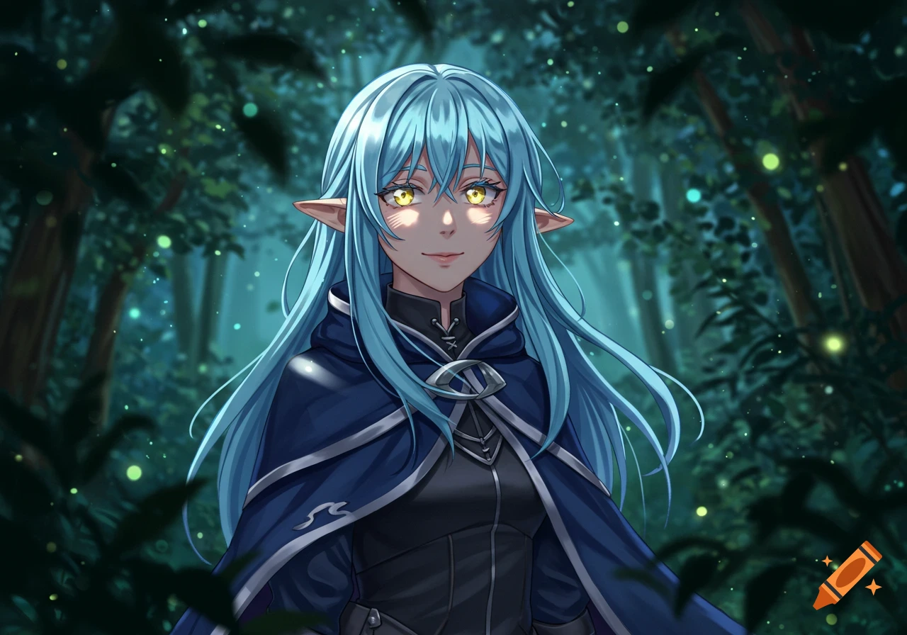 An anime-style female elf with long blue hair and glowing yellow eyes wears a dark hooded cloak in a magical forest with glowing lights.