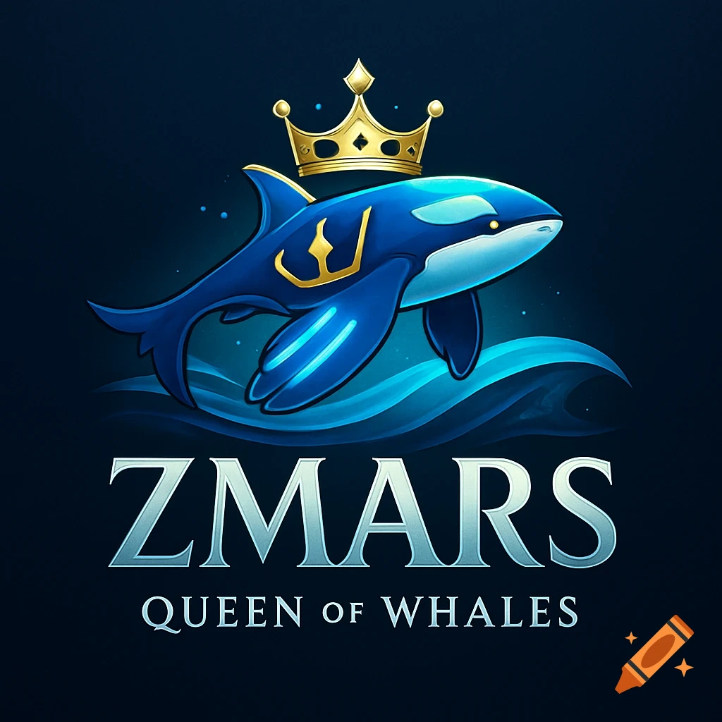 A dark blue logo featuring a stylized blue and white whale wearing a golden crown over waves, with text 'ZMARS QUEEN OF WHALES'.