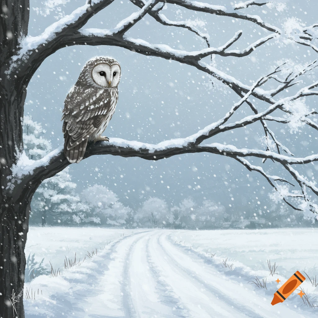 An owl sits on a snow-covered tree branch overlooking a snowy country road with snow falling.