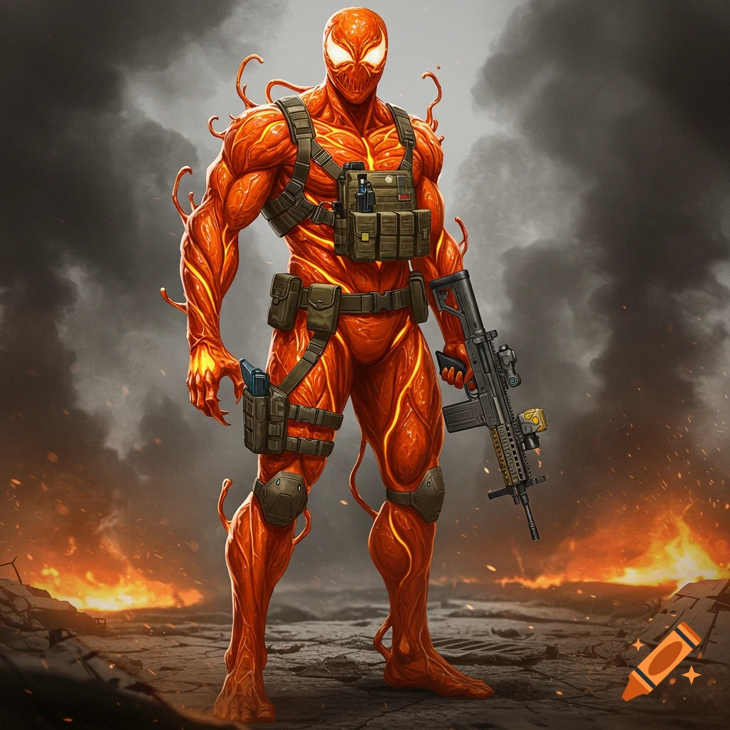 Muscular orange symbiote in tactical military gear, holding a rifle, stands amidst a smoky, fiery, war-torn landscape.