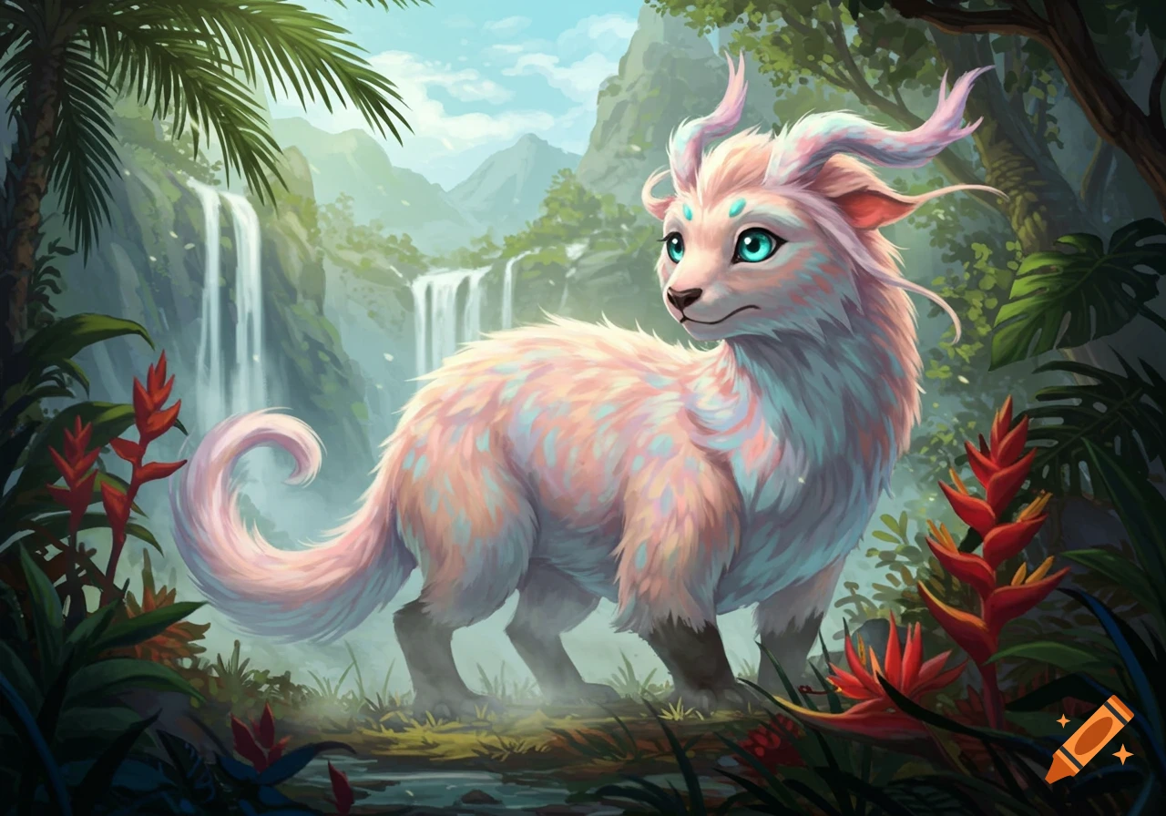 A cute, fluffy, pastel-colored fantasy creature with small horns and teal eyes stands in a lush jungle with waterfalls.