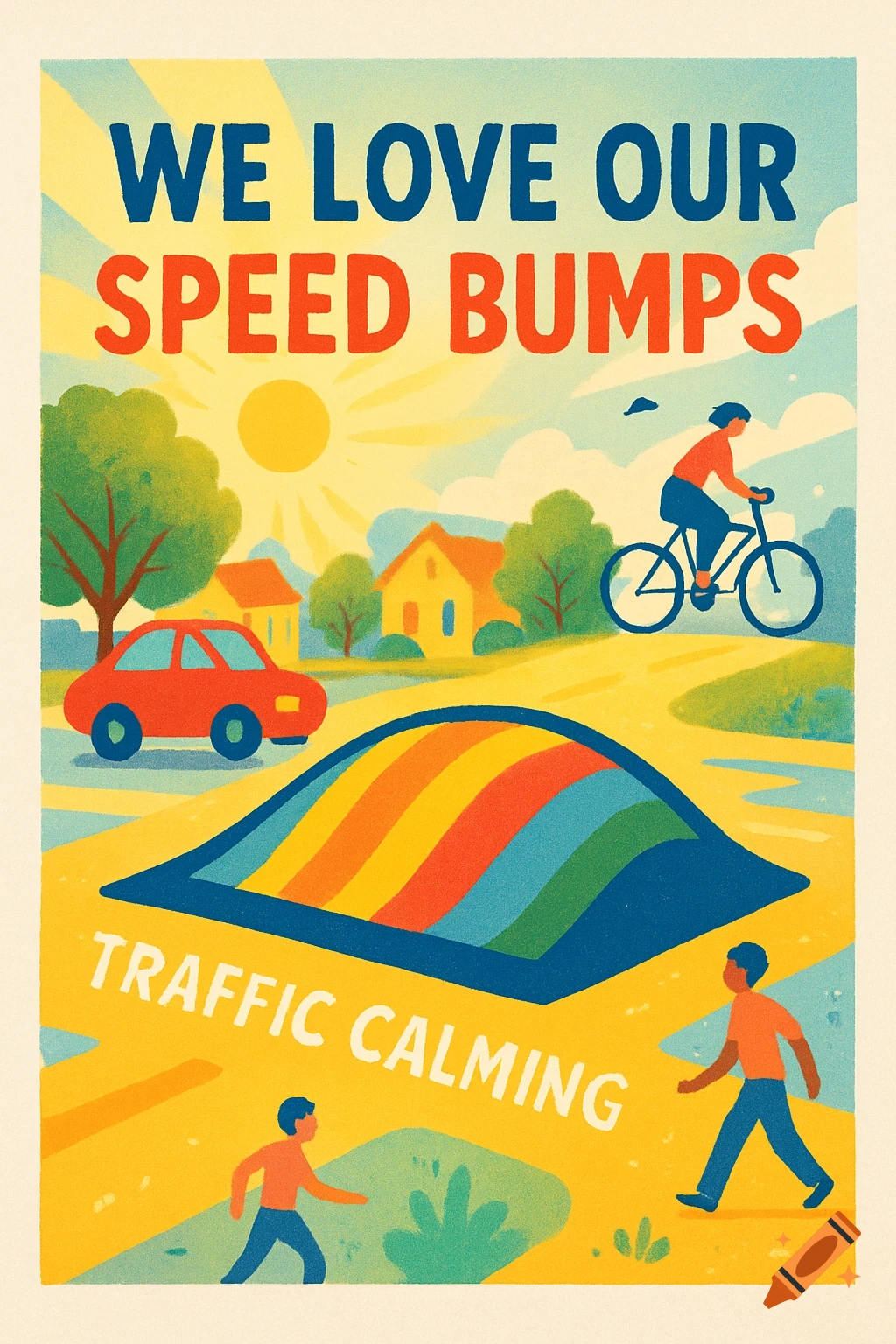 A colorful, stylized poster shows a neighborhood scene with a red car and cyclist approaching a rainbow-striped speed bump, with people walking. Text reads "WE LOVE OUR SPEED BUMPS" and "TRAFFIC CALMING".