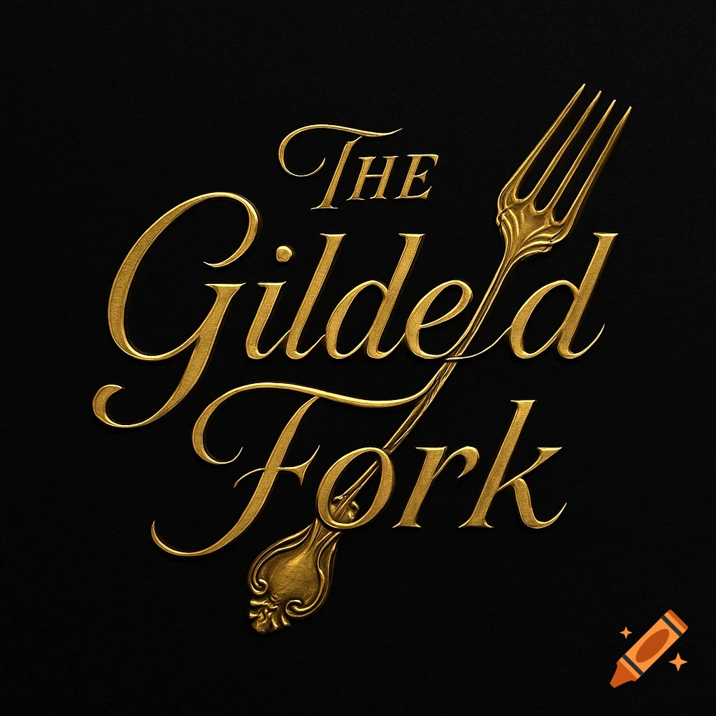 A luxurious logo featuring gold script text 'The Gilded Fork' intertwined with a gold fork on a black background.