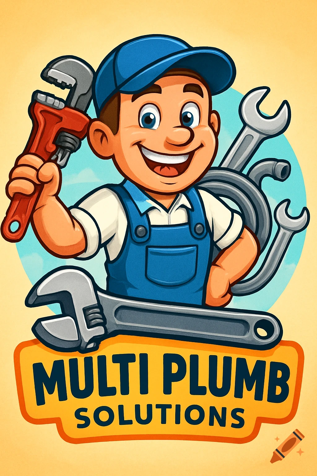 Cartoon mascot of a smiling plumber in overalls and a hat, holding a wrench, with 'MULTI PLUMB SOLUTIONS' text below.
