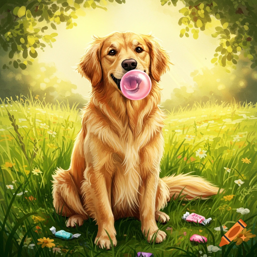 A golden retriever dog sits in a sunny green field, happily blowing a large pink bubblegum bubble.