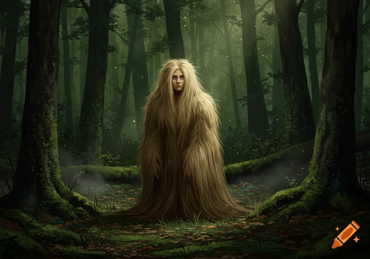 A creature covered in long, light blonde hair stands in a dark, misty forest, digital painting.