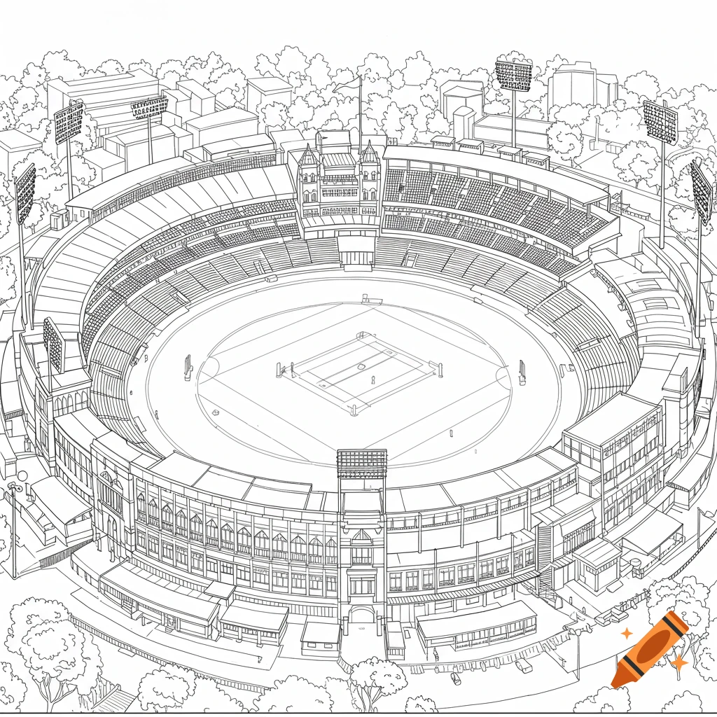 Detailed black and white line art of the Sydney Cricket Ground stadium.