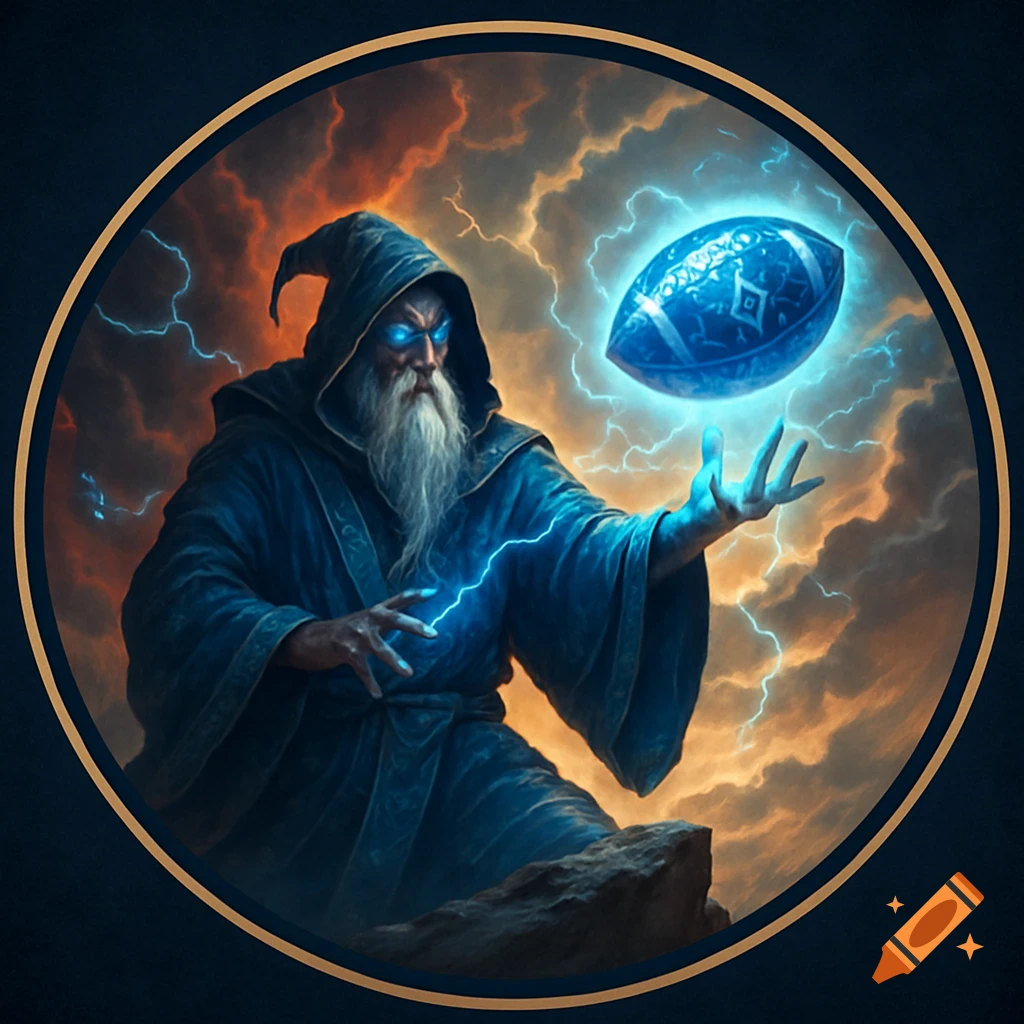 A wizard with glowing blue eyes and lightning around his hands levitates a glowing blue American football, set against a stormy sky, in a digital art style.