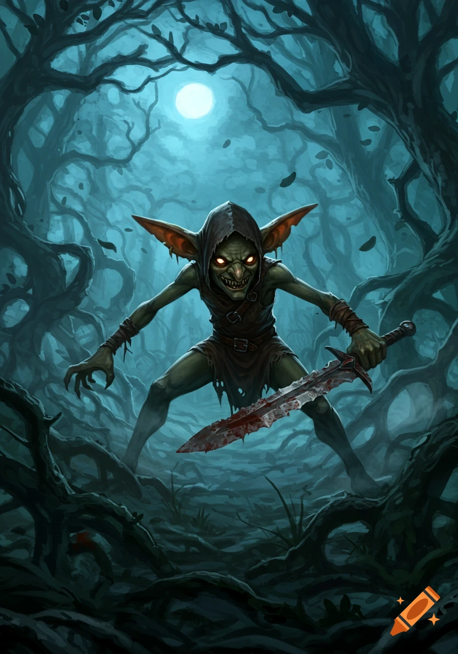 A menacing goblin in a dark hooded cloak holds a bloody sword in a spooky, moonlit forest.