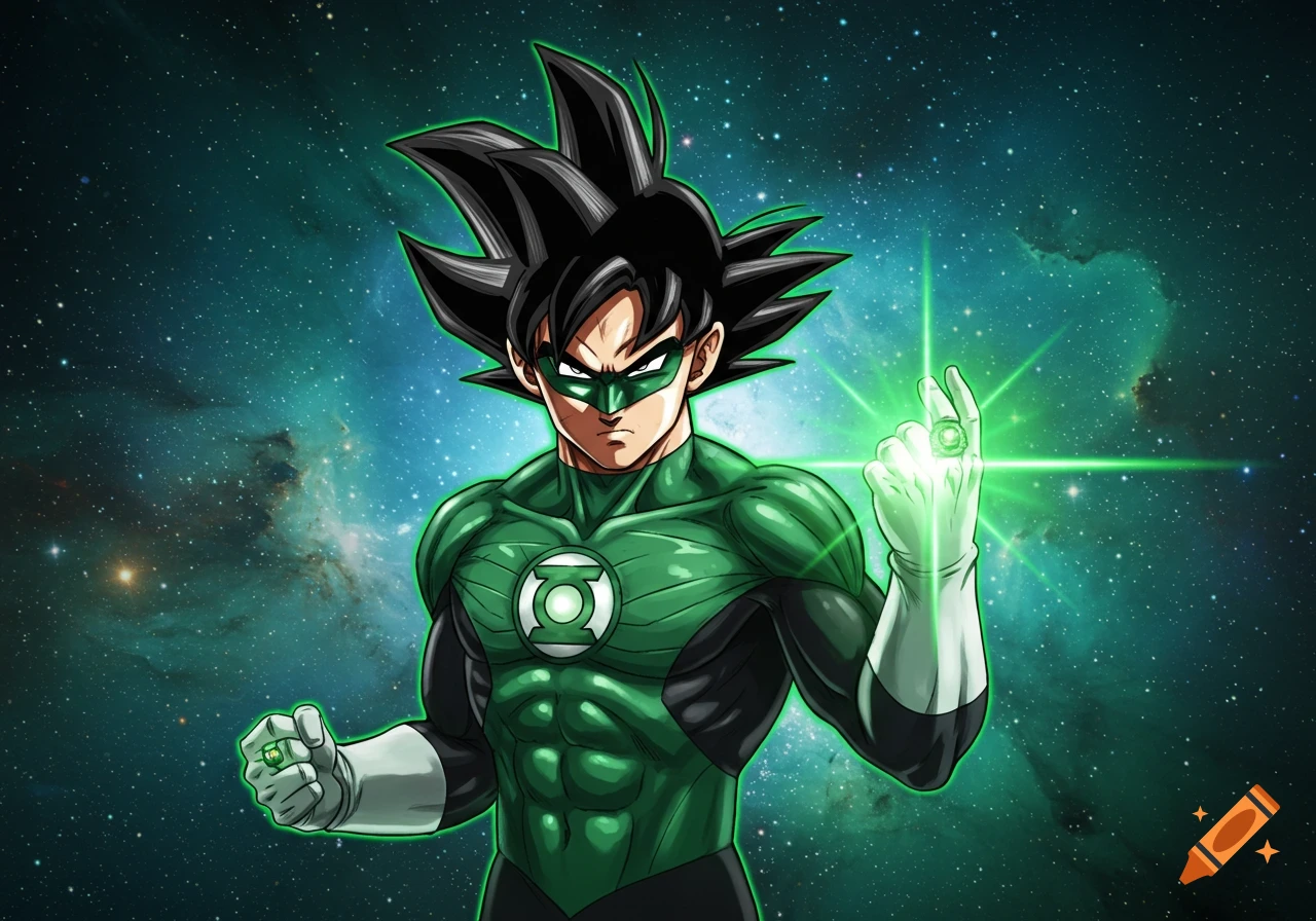 Goku from Dragon Ball dressed as Green Lantern, striking a pose against a cosmic background.