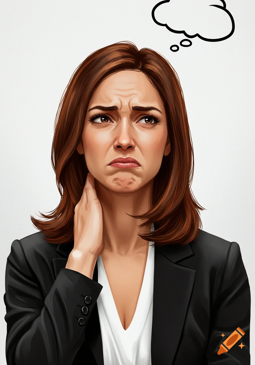 An illustrated portrait of a frustrated woman rubbing her neck, looking up at an empty thought bubble.
