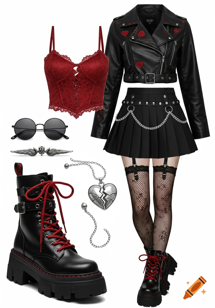 A flat lay of a gothic-inspired outfit with a black leather jacket, red lace top, black pleated skirt, combat boots, sunglasses, and a broken heart pendant.