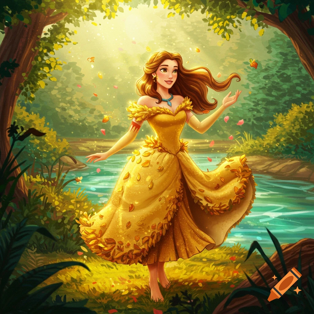 An animated illustration of a woman in a yellow dress with leaves, standing barefoot in a vibrant, sunlit forest near a river.