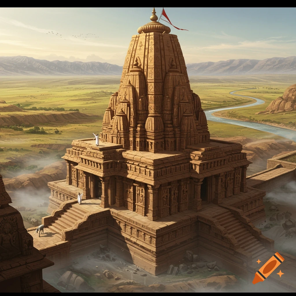 A massive, intricately carved ancient stone temple on a rocky plateau overlooks a green valley with a winding river and distant mountains.