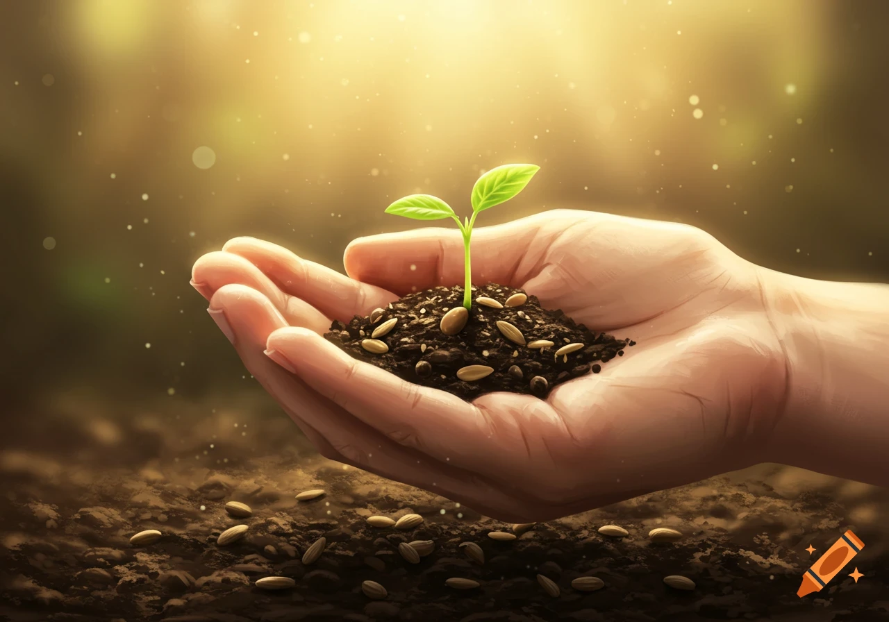A cupped hand holds a pile of dark soil with a small green sprout and several seeds, illuminated by golden sunbeams.