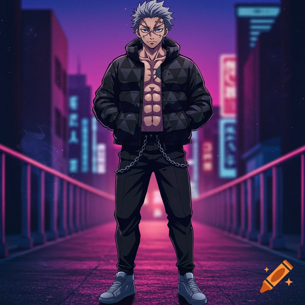 An anime-style man with grey hair and scars, wearing a black puffer jacket and black pants with chains, stands on a neon-lit bridge in a city at night.