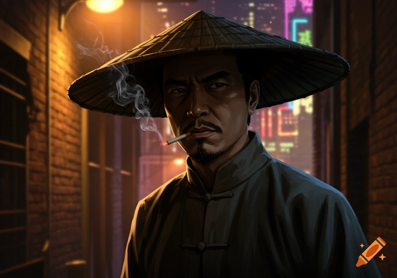 A man in a conical hat and traditional clothing smokes a cigarette in a dark urban alley with neon lights.