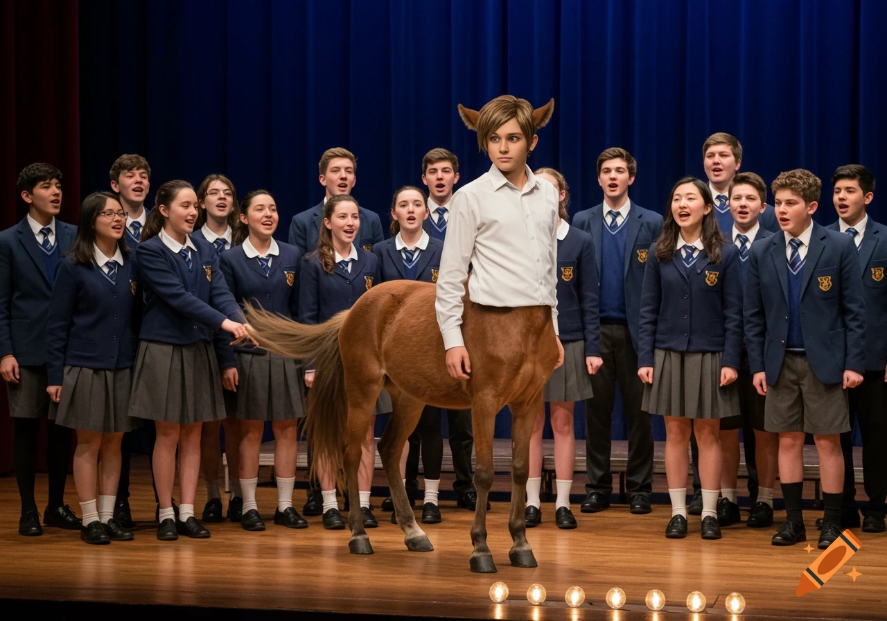 A photorealistic image of a centaur student in a white shirt standing on a school stage with a choir of students in uniform. A girl pulls his tail.