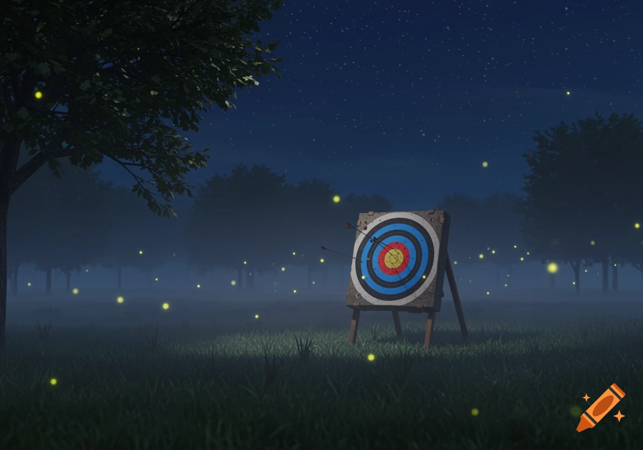 An archery target stands in a misty, dark forest at night, illuminated by glowing fireflies.
